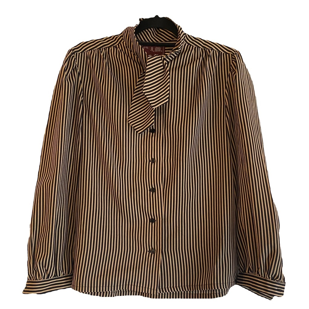 Vintage 70’s 80’s striped button‎ down blouse with tie at neck dark academia